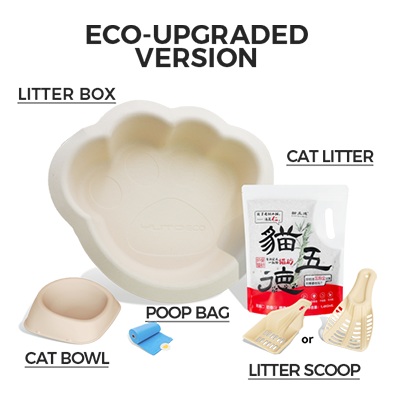 Compact biodegradable cat travel kit made with upgraded sustainable materials – all-in-one set with eco litter box, natural fiber litter, and recyclable accessories for on-the-go cat care.
